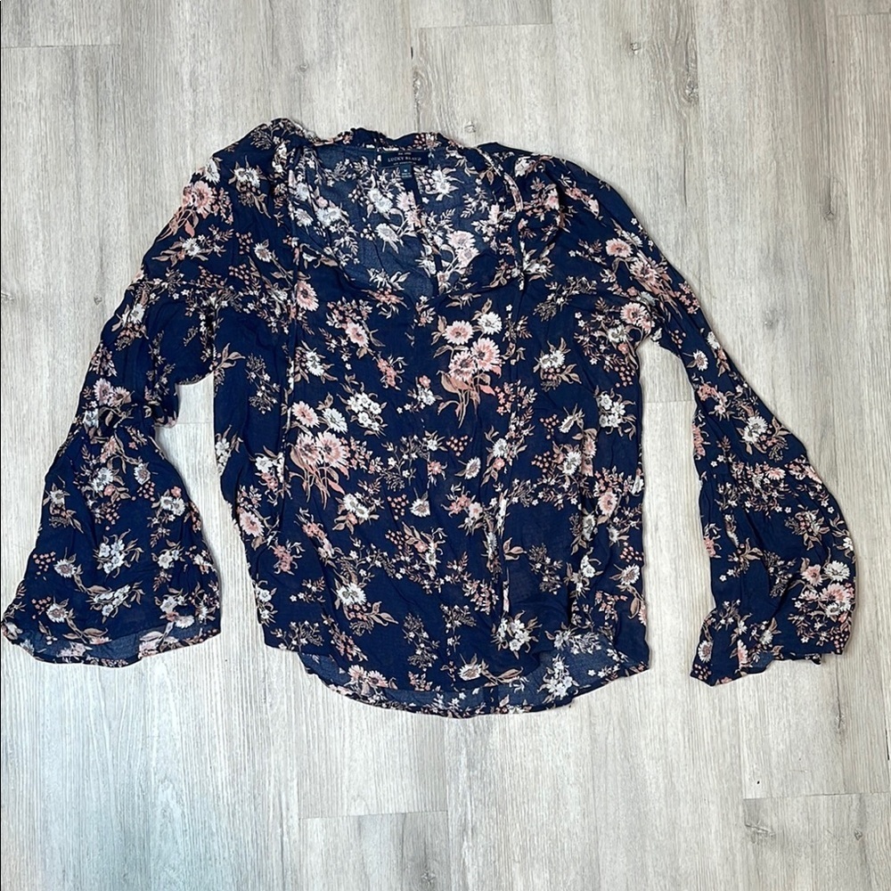 Lucky Brand Floral Boho Chic Flowy Top Blue Size Medium